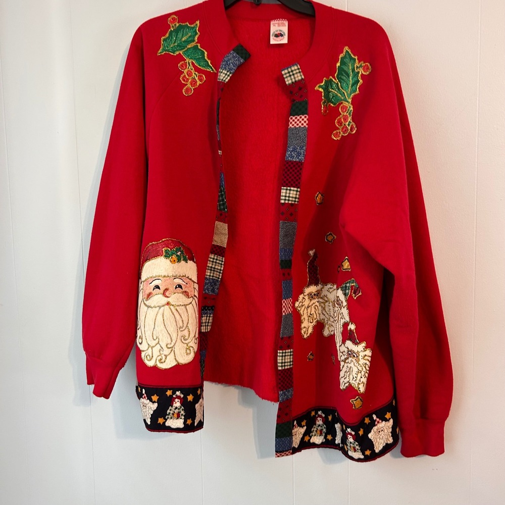 Vintage Fruit of the Loom Santa Christmas Cardigan Sweatshirt Red XL Made in USA